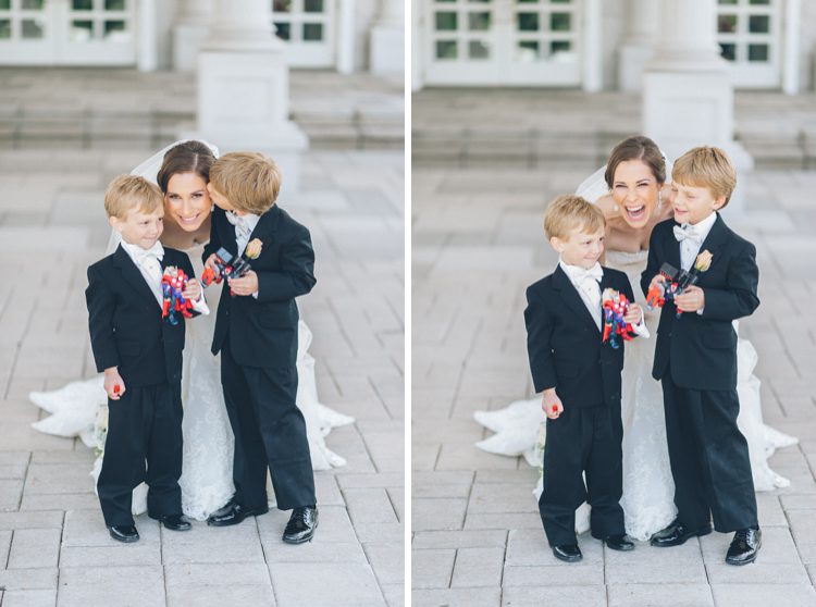 Bride laughs during her wedding photos with the ring bearers at The Palace at Somerset Park. Captured by Northern NJ wedding photographer Ben Lau.