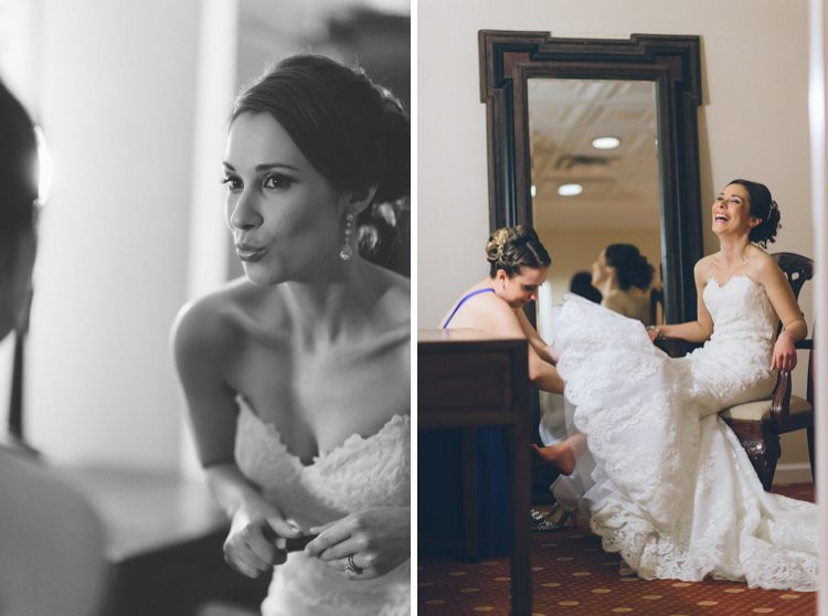 Bride laughs during her wedding prep at The Palace at Somerset Park. Captured by Northern NJ wedding photographer Ben Lau.
