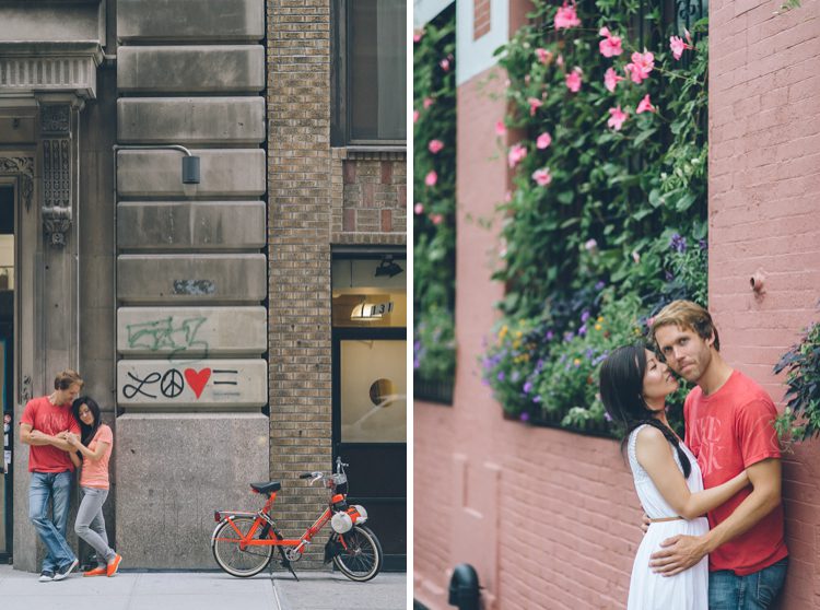 Laura & Jason pose against a wall during their engagement session in NYC. Captured by NYC wedding photographer Ben Lau.