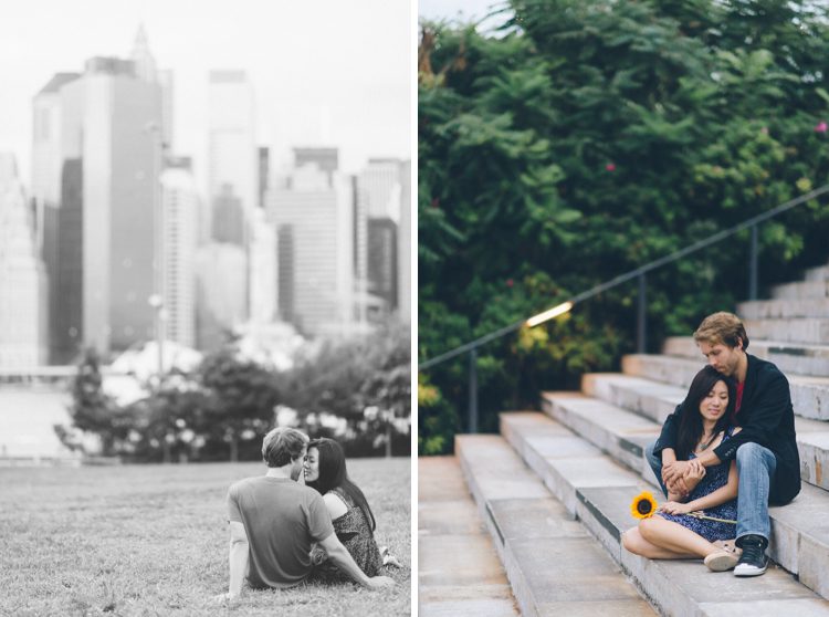 Laura & Jason sit on steps during their engagement session in DUMBO Brooklyn. Captured by NYC wedding photographer Ben Lau.