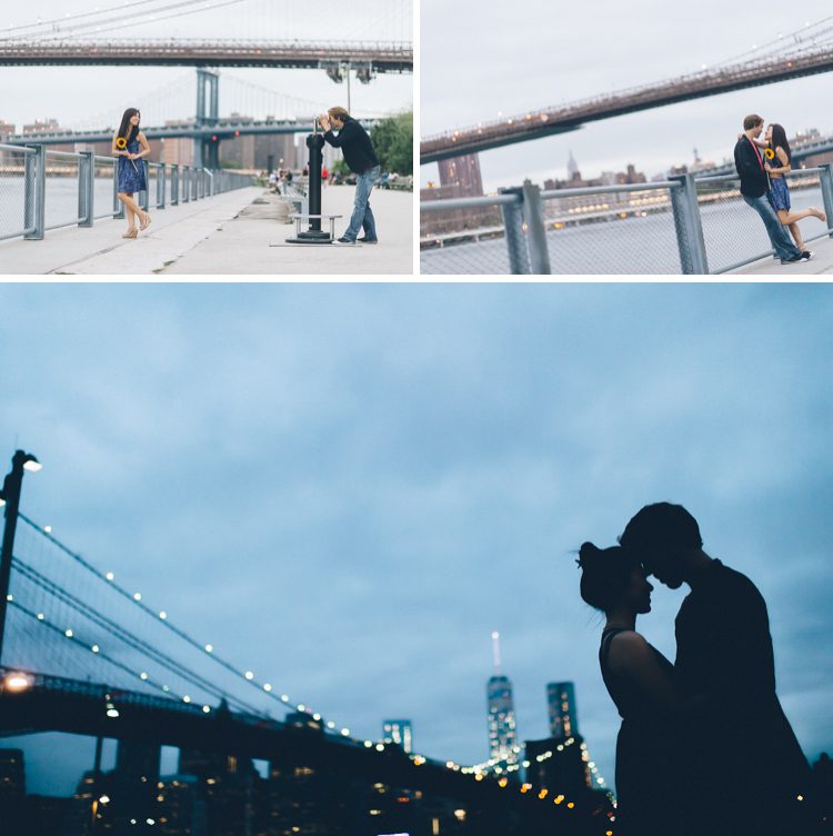 Laura & Jason during their engagement session in DUMBO Brooklyn. Captured by NYC wedding photographer Ben Lau.