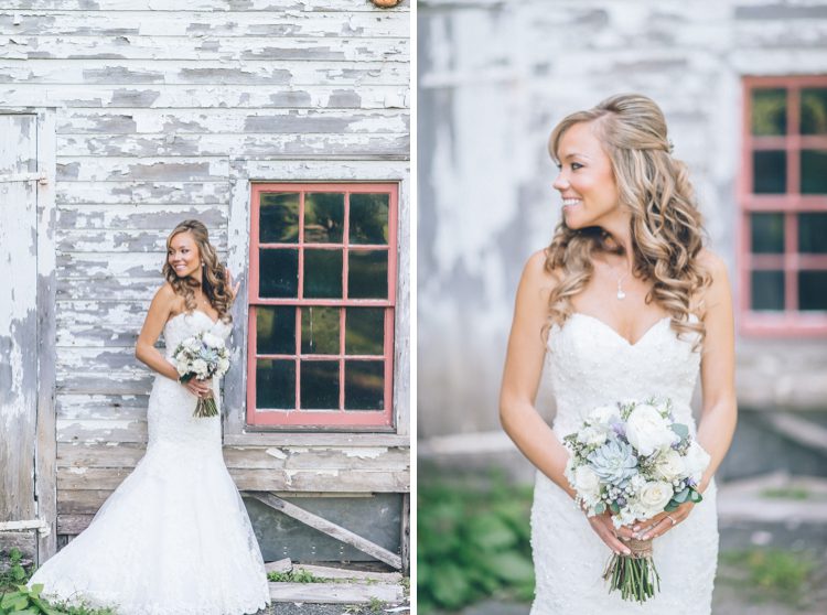 Bride smiles with her bouquet in front of a barn during portraits on the morning of her Lake Valhalla Wedding in Montville, NJ. Captured by NJ wedding photographer Ben Lau.