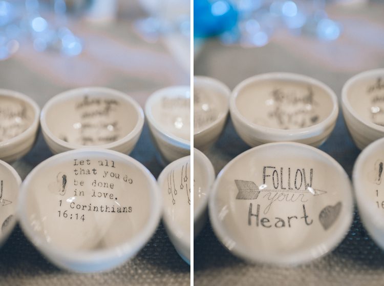 Customized bowls as wedding favors for a Lake Valhalla Wedding in Montville, NJ. Captured by NJ wedding photographer Ben Lau.