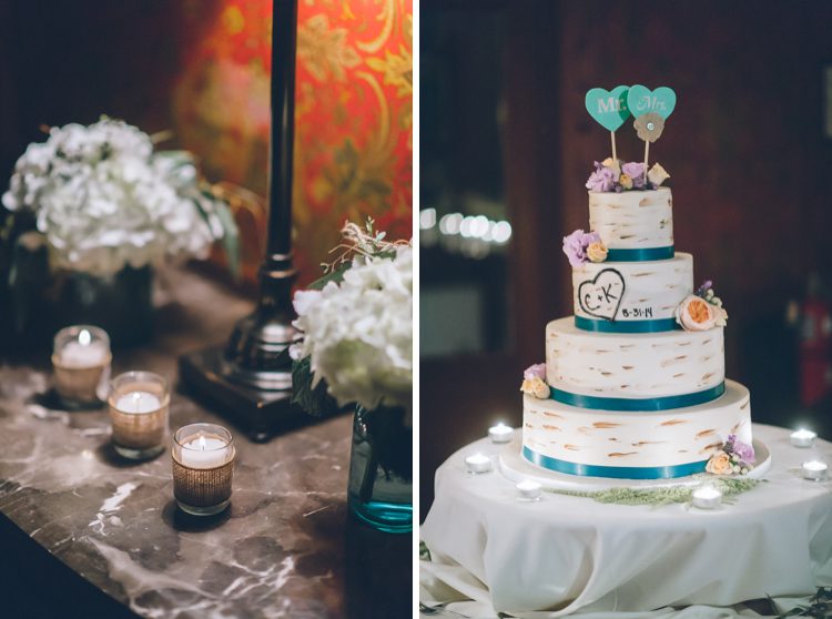 Wedding cake and decor for a wedding at the Lake Valhalla Club in Montville, NJ. Captured by NJ wedding photographer Ben Lau.