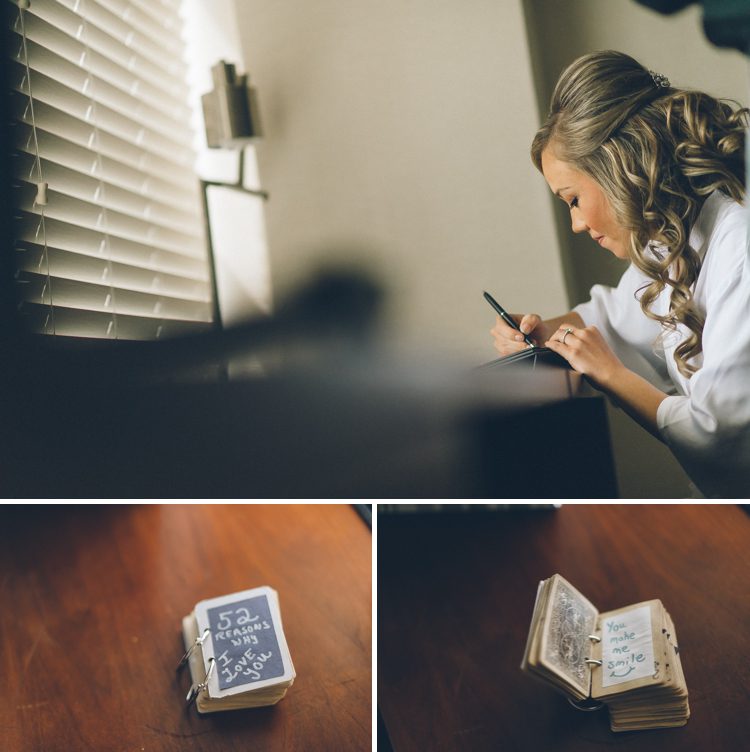 Bride writes a letter to her groom on the morning of er wedding at the Lake Valhalla Club in Montville, NJ. Captured by NJ wedding photographer Ben Lau.