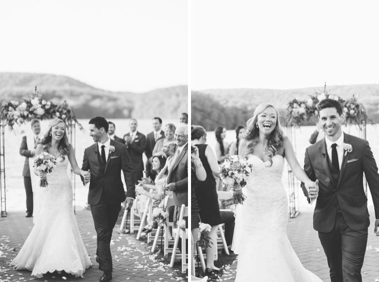 Bride and groom recessional after their wedding ceremony at the Lake Valhalla Club in Montville, NJ. Captured by NJ wedding photographer Ben Lau.