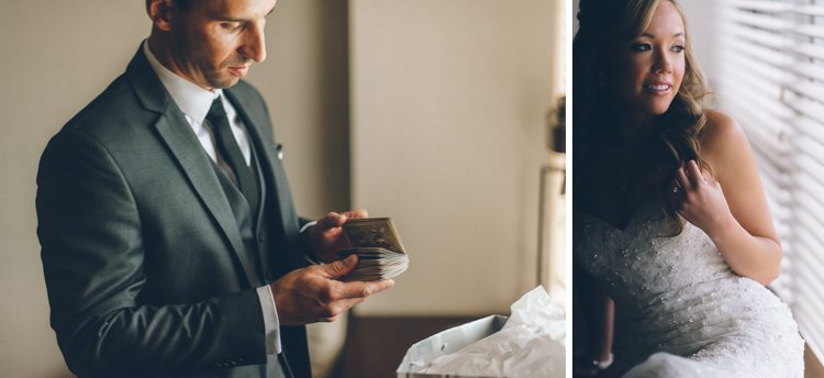 Groom looks at his gift from the bride on the morning of his wedding at the Lake Valhalla Club in Montville, NJ. Captured by NJ wedding photographer Ben Lau.