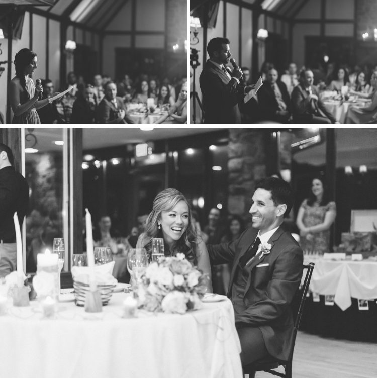 Toasts during a wedding reception at the Lake Valhalla Club in Montville, NJ. Captured by NJ wedding photographer Ben Lau.