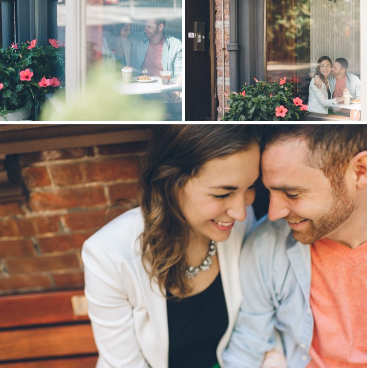 Couple shares a drink at a coffee shop during their romantic engagement session in the West Village. Captured by NYC wedding photographer Ben Lau.