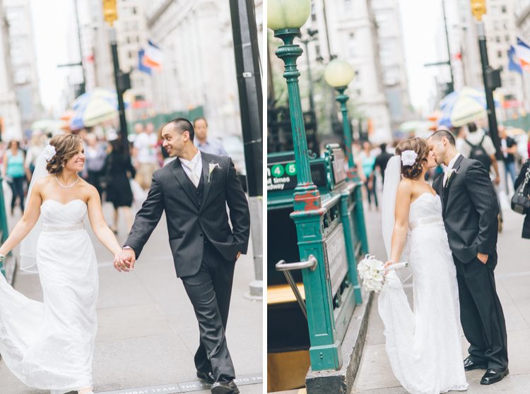 Bride and groom hold hands in the streets of NYC. Captured by NYC wedding photographer Ben Lau.