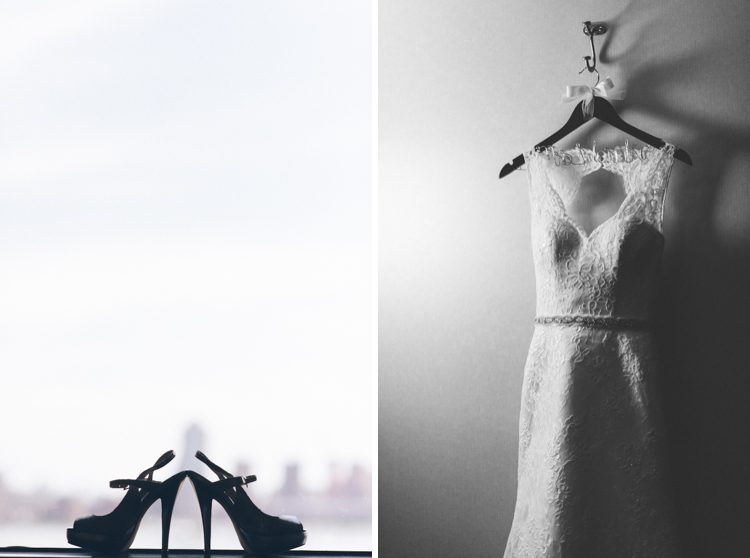 Wedding dress and wedding shoes detail shots in a hotel room. Captured by awesome NJ wedding photographer Ben Lau.