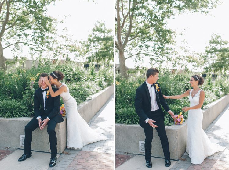 Bride and Groom's first look at Liberty State Park. Captured by awesome NJ wedding photographer Ben Lau.
