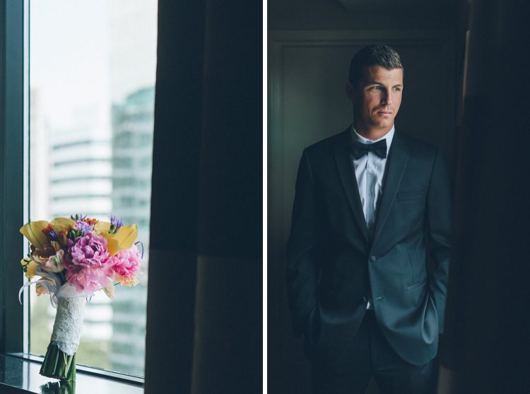 Bouquet and groom poses by the window for a Liberty House wedding in Jersey City, NJ. Captured by awesome NJ wedding photographer Ben Lau.