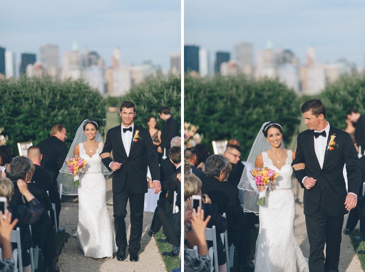 Bride and groom walk down the aisle after their wedding ceremony at the LIberty House in Jersey City, NJ. Captured by awesome NJ wedding photographer Ben Lau.