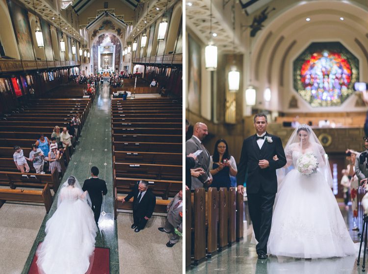 Bride walks down the aisle at St. Andrew Avellino Church in Flushing, NY. Captured by NYC wedding photographer Ben Lau.