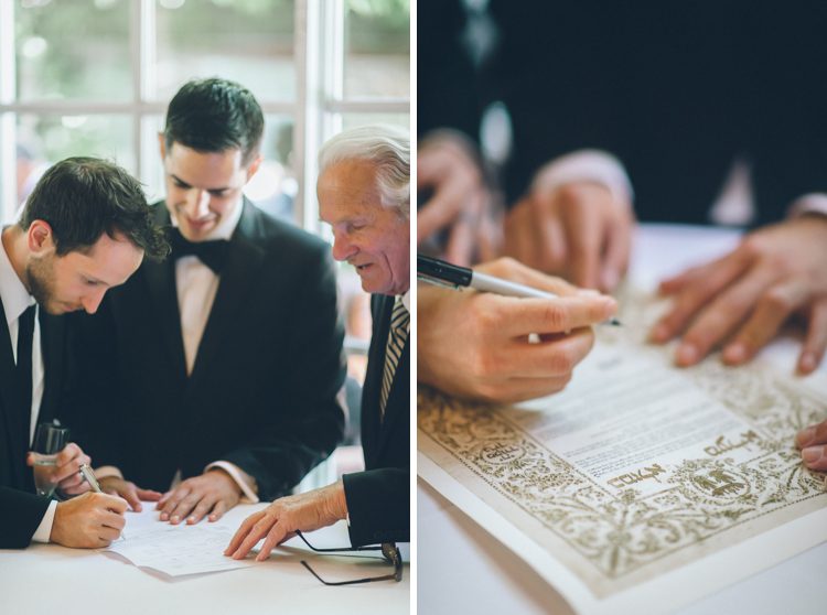 Groom signs the ketubah on the morning of his wedding at the Central Park Boathouse. Captured by NYC wedding photographer Ben Lau.