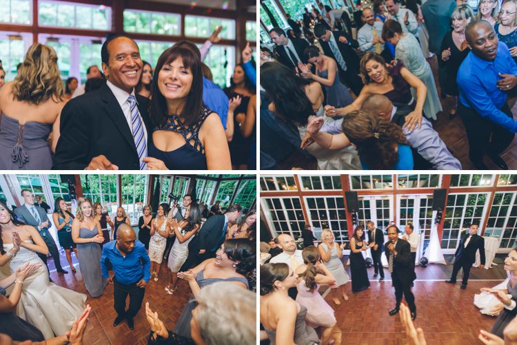 Guests dancing during a wedding reception at the Central Park Boathouse. Captured by NYC wedding photographer Ben Lau.