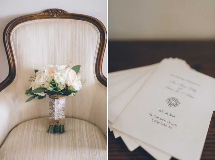 Wedding bouquet and invitations on the morning of a wedding at The Mill in Spring Lake Heights. Captured by North Jersey wedding photographers at Ben Lau Photography.