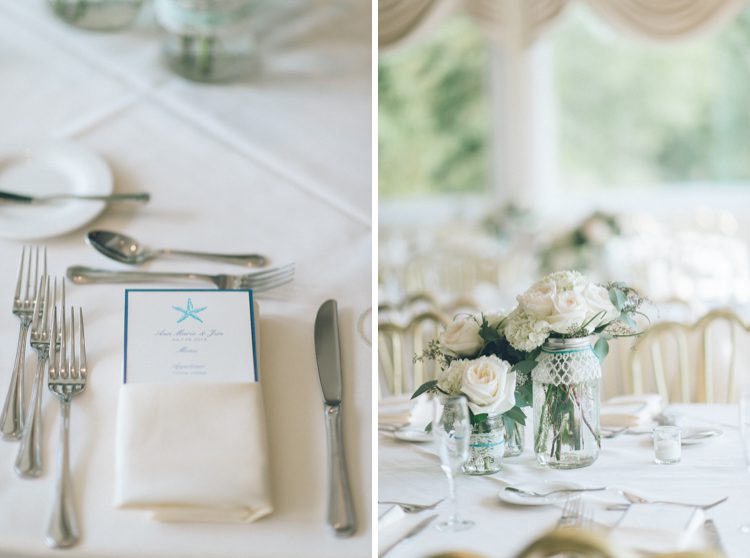 Wedding centerpieces and menu for a wedding at The Mill in Spring Lake Heights. Captured by North Jersey wedding photographers at Ben Lau Photography.