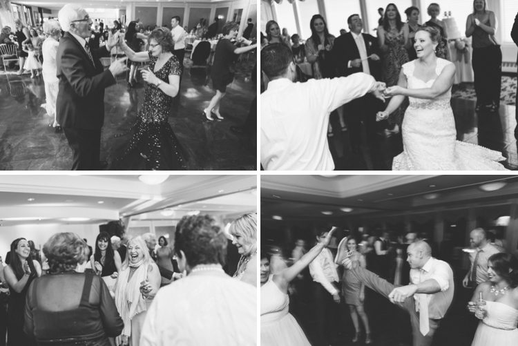 Guests dancing during a wedding reception at The Mill in Spring Lake Heights. Captured by North Jersey wedding photographers at Ben Lau Photography.