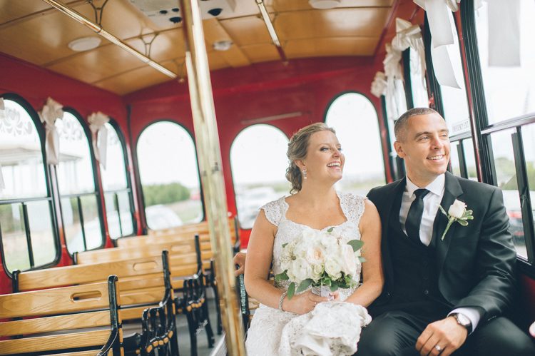 Wedding photos in a trolley around Spring Lake Heights. Captured by North Jersey wedding photographers at Ben Lau Photography.