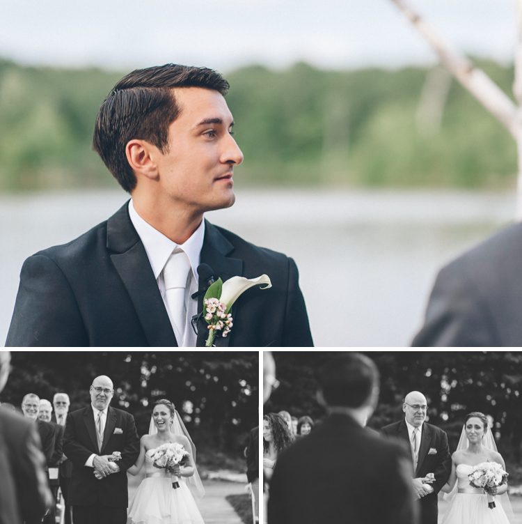Father of the bride walks his daughter down the aisle on the day of her Rock Island Country Club wedding in Sparta, NJ. Captured by Karis of Ben Lau Photography.