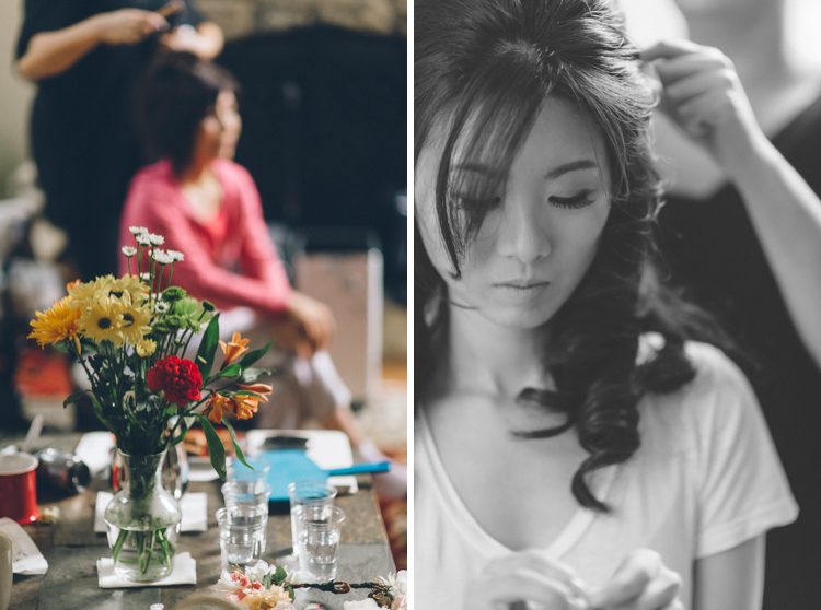 Bride preps on the morning of her Evergreen Country Club Wedding in Northern Virginia. Captured by NYC wedding photographer Ben Lau.