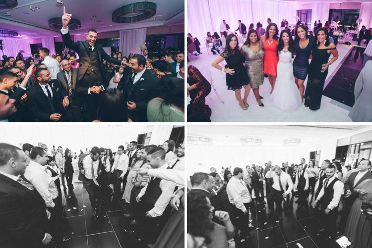 Guests dancing during a wedding reception at the Seaport Hotel and World Trade Center in Boston, MA. Captured by NYC wedding photographer Ben Lau.