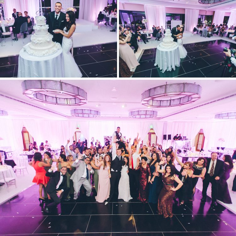 Guests dancing during a wedding reception at the Seaport Hotel and World Trade Center in Boston, MA. Captured by NYC wedding photographer Ben Lau.