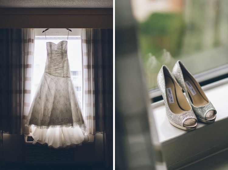 Wedding dress and shoes by the window on the morning of Julia & Josh's wedding at the Stone House in Stirling Ridge. Captured by NJ wedding photographer Ben Lau.