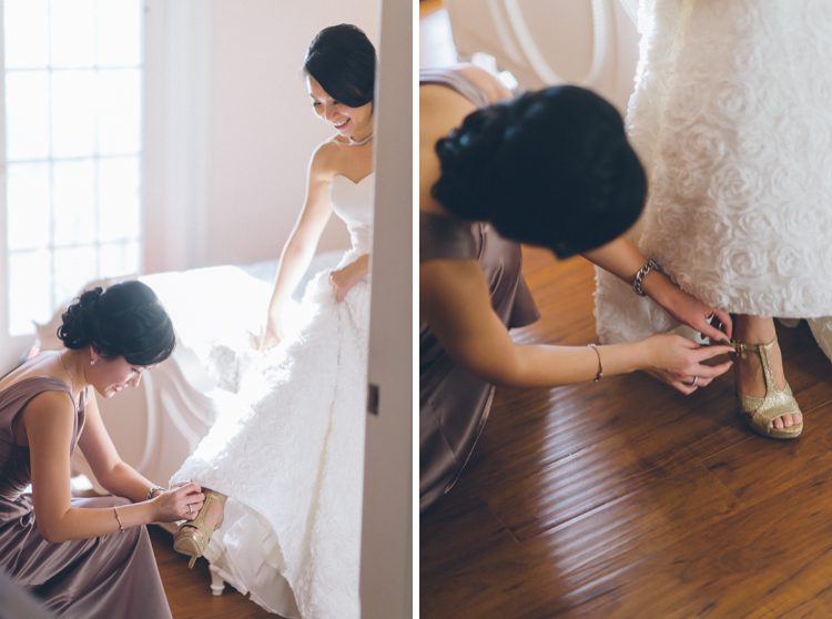 Bride slips into her shoes on the morning of her wedding at the Venetian in Garfield, NJ. Captured by NJ wedding photographer Ben Lau.