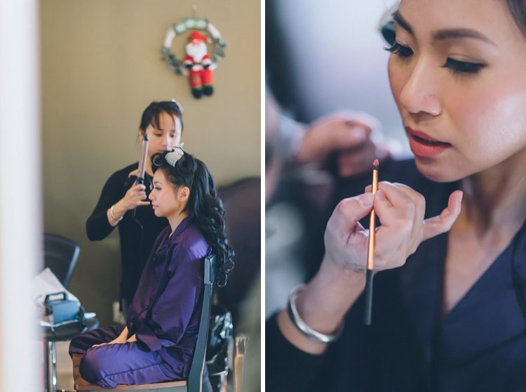 Bride preps on the morning of her wedding at the Venetian in Garfield, NJ. Captured by NJ wedding photographer Ben Lau.