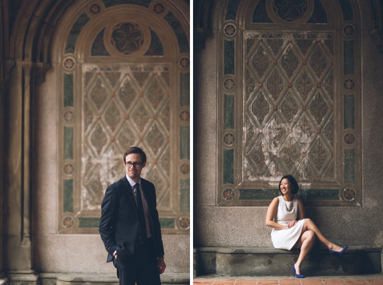 Bride and groom pose for solo portraits in the Bethesda Arcade during their engagement session in Central Park. Captured by NYC wedding photographer Ben Lau.