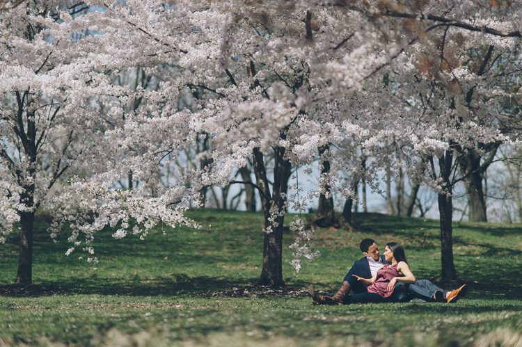 NJ Cherry Blossoms engagement session in Branch Brook Park and Montclair. Captured by NJ wedding photographer Ben Lau.