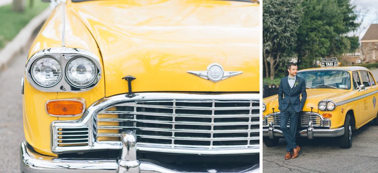 Vintage taxi for a Mayfair Farms wedding in West Orange, NJ, captured by Northern NJ wedding photographer Ben Lau.