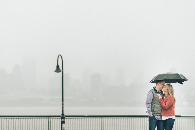 Rainy Hoboken engagement session captured by North Jersey wedding photographer Ben Lau.